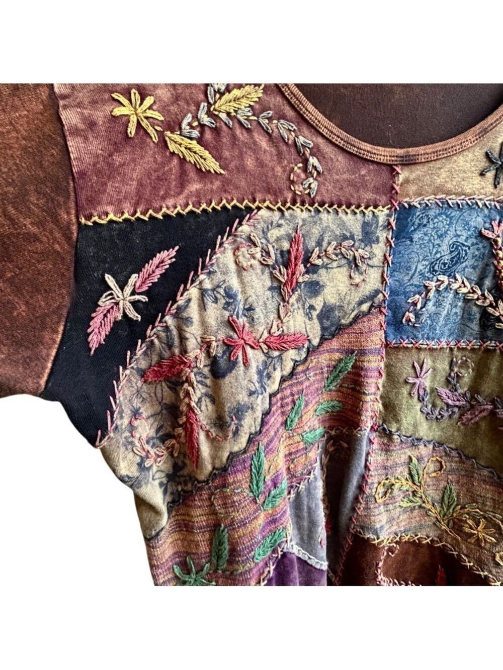 Vintage Windhorse Boho Patchwork Embroidered Long Sleeve Wearable Art Top - Picture 9 of 12